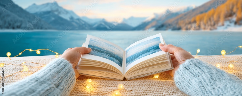 Fototapeta premium Person’s hand, Christmas travel, winter landscape, Enchanting Christmas Memories: Hand Flipping Through Winter Landscape Travel Journal, Copy Space for Text