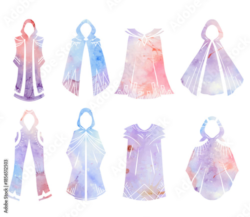 Vector watercolor set of fantasy cloaks in various styles. Collection of wizard clothing for games and concept art. Medieval clipart