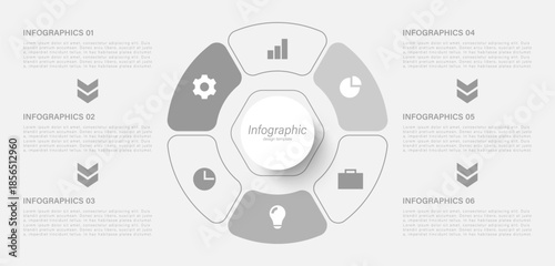 6 parts pie chart for data visualization. Monochrome modern infographic template design.