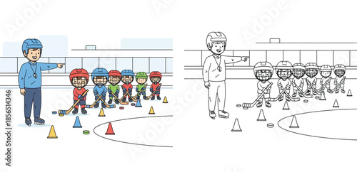 Coloring book page of a hockey coach training a team of children on ice with color example vector
