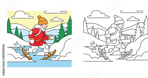 Kid snowshoeing in winter mountains vector illustration. Boy walking with snowshoes. Coloring book page outline and colored version set. Winter outdoor sport activity.