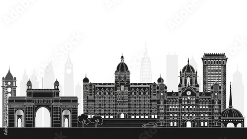 Black and white illustration of a large building complex with towers and arches in front of a city skyline