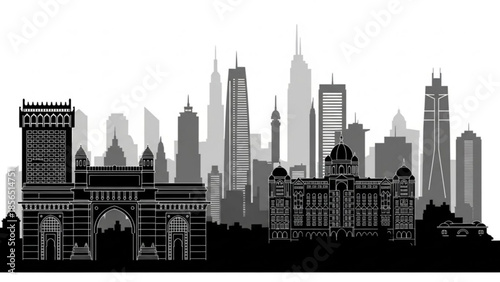 City skyline with historic and modern buildings in silhouette against