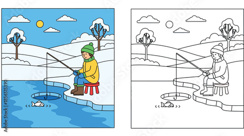Winter ice fishing coloring book page with color reference. Cute boy sitting on a stool fishing in a frozen lake hole. Vector cartoon illustration for children education and activity.