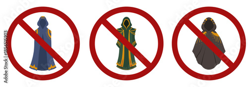 A vector set of prohibition signs. No capes allowed. No anonymity allowed. No entry for magicians.