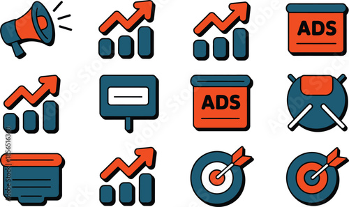 Bold digital marketing and advertising icons with megaphone charts growth ads boards and target symbols flat style