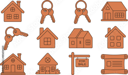 Collection of real estate icons featuring various stylized residential houses outline symbols keys and property market assets flat vector illustration
