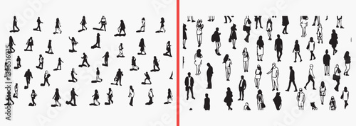 people silhouette clipart, standing walking figures, daily life human poses, casual people icons, lifestyle silhouette set, black white people clipart, printable human figures, crowd illustration pack