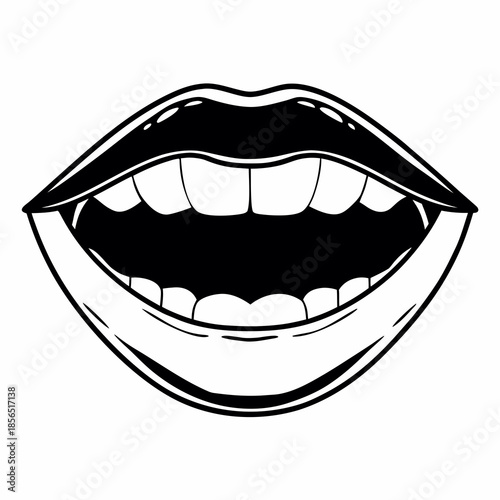 Vector illustration of a smiling woman's open mouth with red lipstick and white teeth for dental and beauty design