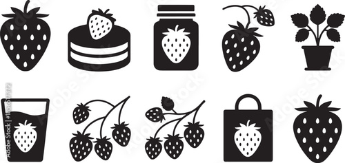 Collection of black strawberry icons including fruit cake jar drink and plant food graphic