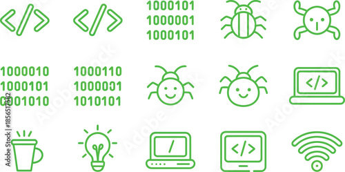 Computer programming icons set with coding tags binary code bugs and laptop technology development software design icons