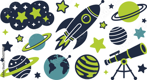 Cosmic adventure set with planets, rocket, stars and clouds, outer space exploration for kids, isolated vector illustrations on transparent background