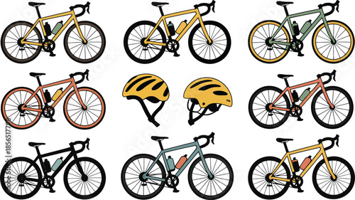 Cycling and bicycle accessories set featuring various road bikes mountain bikes and protective helmets