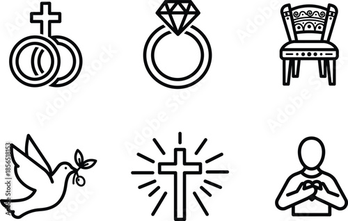 line art icons of wedding marriage and religious symbols