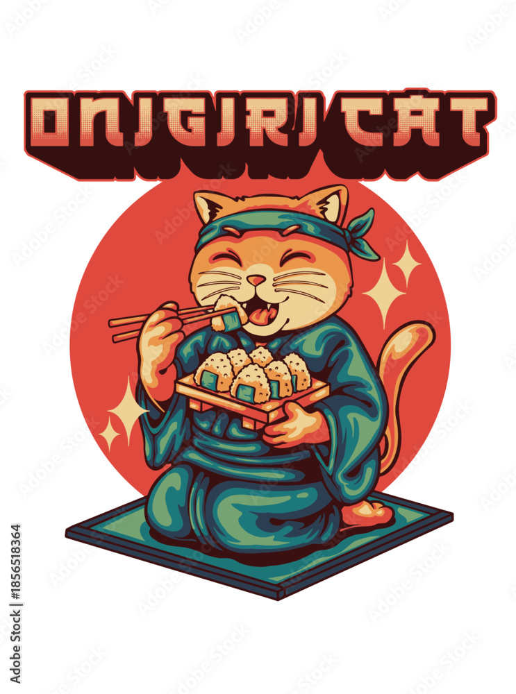 Obraz premium Funny Cat Eating Onigiri in Japanese Kimono Retro Vector Illustration with Text