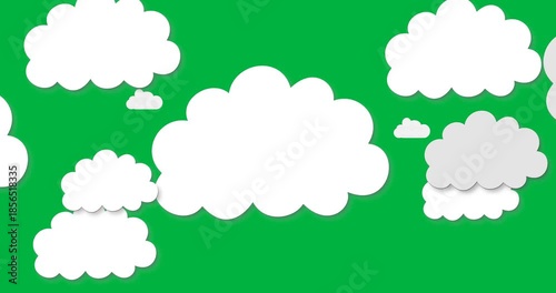 Animation of cut outs of white and grey clouds moving on black sky in the background