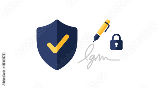 Data security and legal agreement concept with shield lock and signature for total protection.