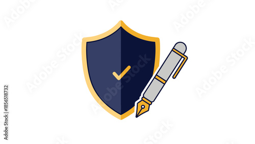 Secure legal agreement concept with a shield and fountain pen for protected signing process.