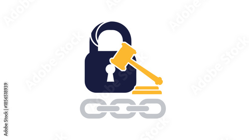 Legal law and security concept with a padlock judge gavel and chain links for justice system.
