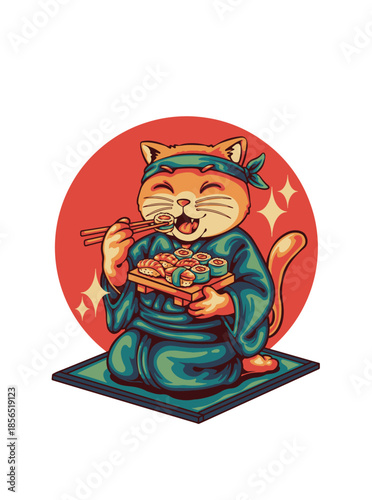 Funny Cat Eating Sushi in Japanese Kimono Retro Vector Illustration