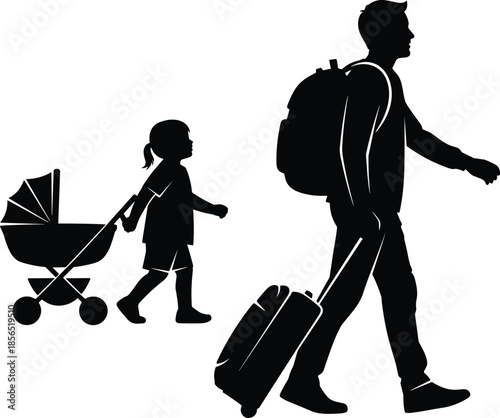 Father traveling with child silhouette, family journey concept, parent walking with stroller suitcase, modern travel lifestyle, isolated on white background for vacation parenting illustration
