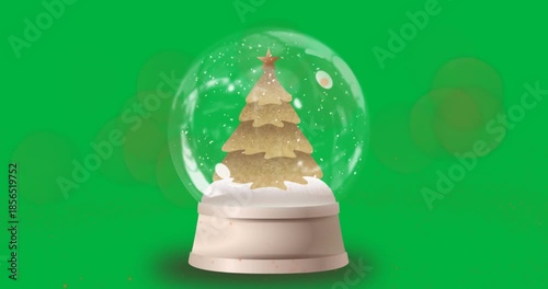 Golden shooting star animation enhances Christmas tree snow globe festivity.