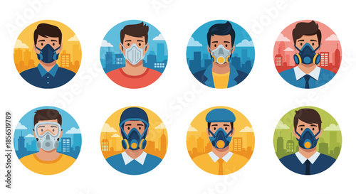 Diverse male avatars wearing different types of industrial respirators and protective face masks against a city skyline.