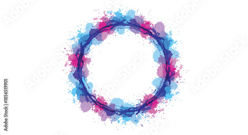 Artistic circular frame made of vibrant blue and purple watercolor paint splatters and ink drips on a clean white background.