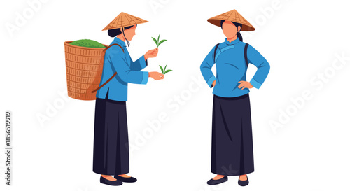 Two women in traditional Chinese outfits picking fresh tea leaves and carrying a large wicker basket full of their harvest.