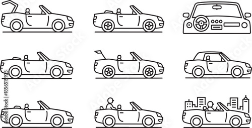 Nine simple line art convertible car icons with people and city background vector