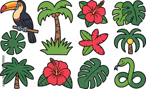 Tropical jungle exotic plants animals and fauna set featuring toucan palm trees and hibiscus flowers vector illustrations collection