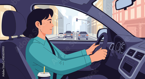 Profile view of a young woman happily driving a car through a city street with traffic and buildings outside the window.