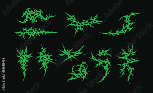 Neo Tribal Sigilism Symmetrical Cyber Gothic: Vector Abstract Sharp Green Lines with Acid Venom Aesthetics, Y2K Dark Metal Techwear Elements for Streetwear and Graphic Design Branding.