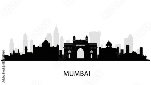 Mumbai city skyline with gateway of india arch silhouette