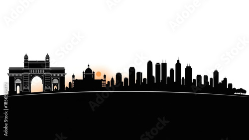 Black silhouette of a city skyline with famous arch monument at sunset