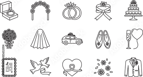 Wedding icons ring cake bouquet car shoes doves heart suit flowers and champagne marriage celebration
