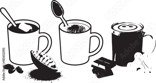 Three mugs of hot chocolate with spoon chocolate bar and cocoa beans drink