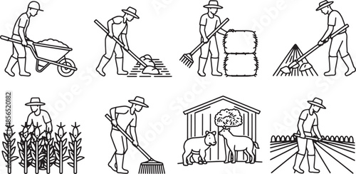 Agricultural worker scenes farm labor icons with wheelbarrow rake and crops agriculture farmer