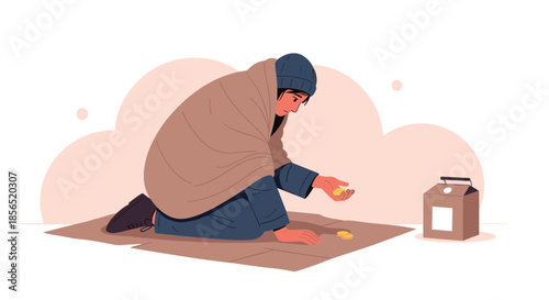 Somber illustration of a homeless person sitting on a cardboard sheet and begging for money with a small collection box.