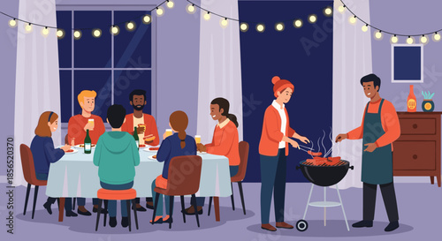 Group of friends and family enjoying a festive backyard barbecue party at night under decorative glowing string lights.