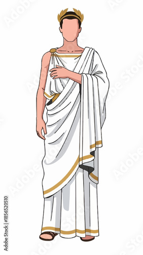 Ancient Roman Man in White Toga with Gold Trim and Laurel Wreath Crown Vector Illustration