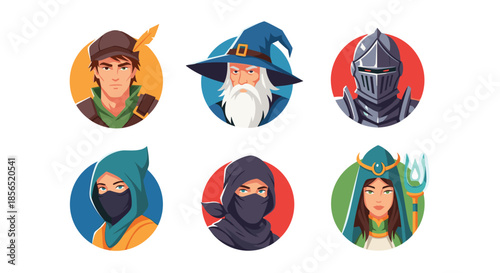 Fantasy role playing game character portraits including a wizard, knight, archer, thief, and mage in colorful circular profile badges.