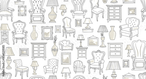 Seamless pattern featuring hand drawn sketches of classic furniture items like armchairs, lamps, dressers, and frames on a white background.