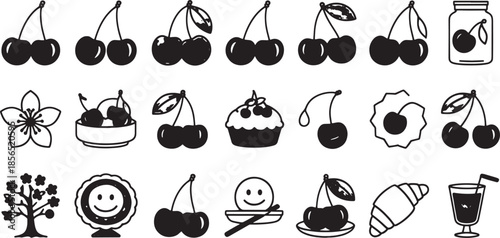 Collection of black and white outline icons featuring cherries fruit and food items cherry