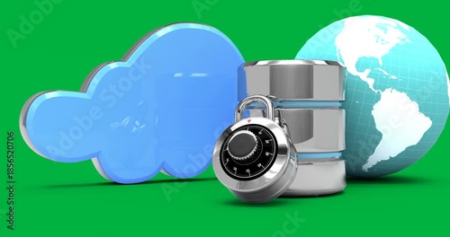 Animation of blue cloud, globe, silver padlock and lock on black background