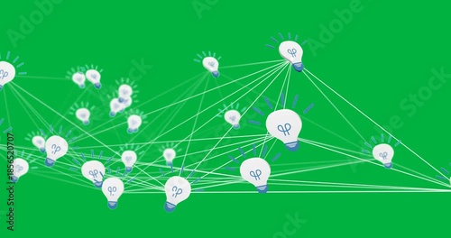 Animation of white digital light bulb icons with network of connections on black background