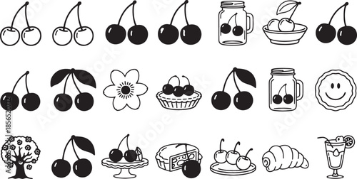 Collection of black and white outline icons featuring cherries desserts and drinks cherry fruit
