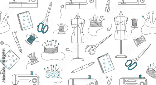Seamless pattern featuring various sewing and tailoring tools like machines, mannequins, scissors, thread, and needles in a line art style.