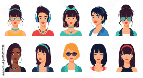 Diverse female avatars with various hairstyles, accessories, and fashion styles displayed in a grid on a white background.