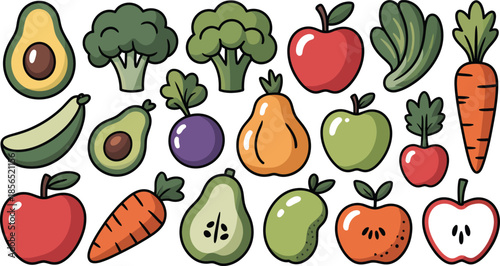 Healthy food and vegetables vector set with apples broccoli carrots avocados and pears on dark checkered background grid